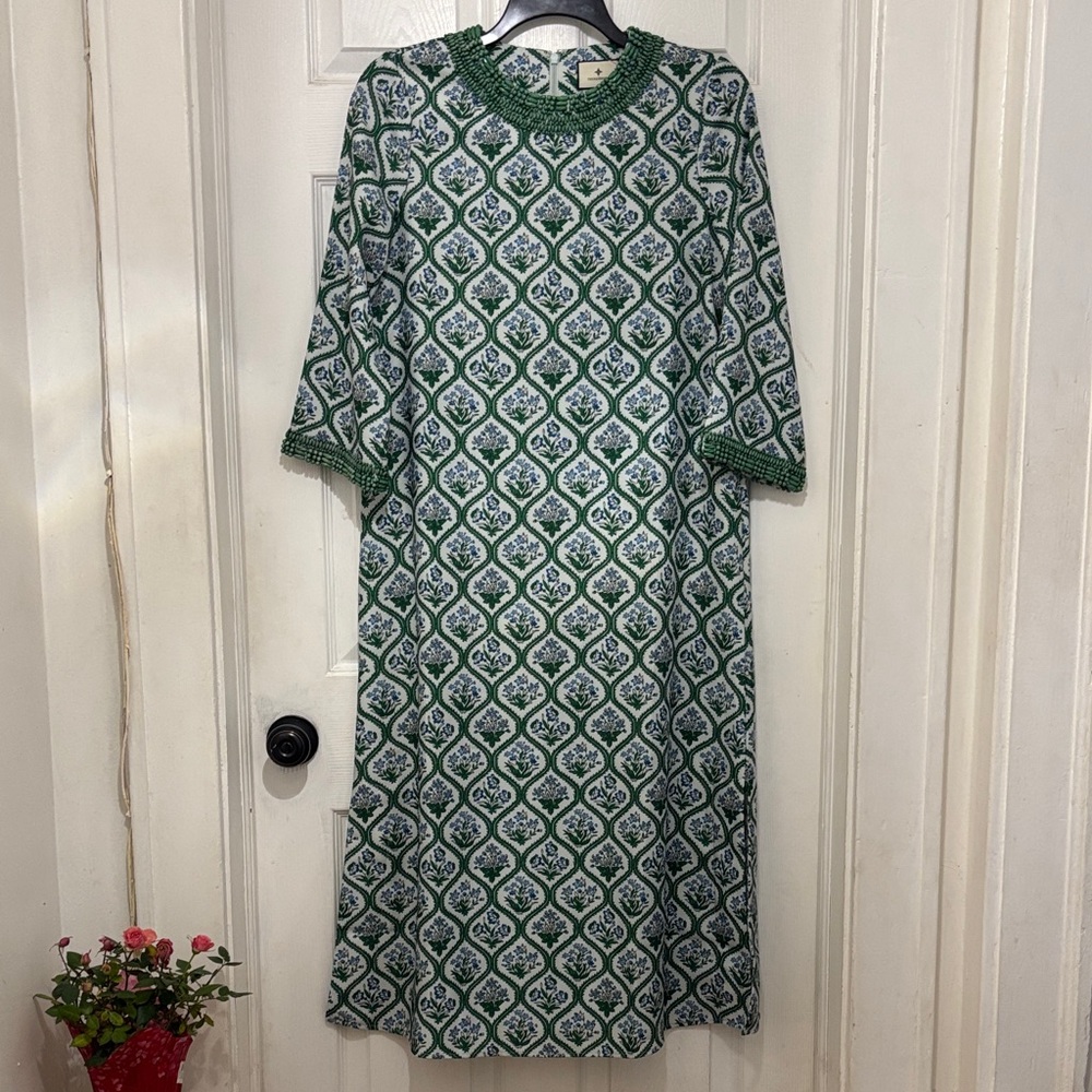 Tuckernuck Green and White Patterned Long Sleeve Dress